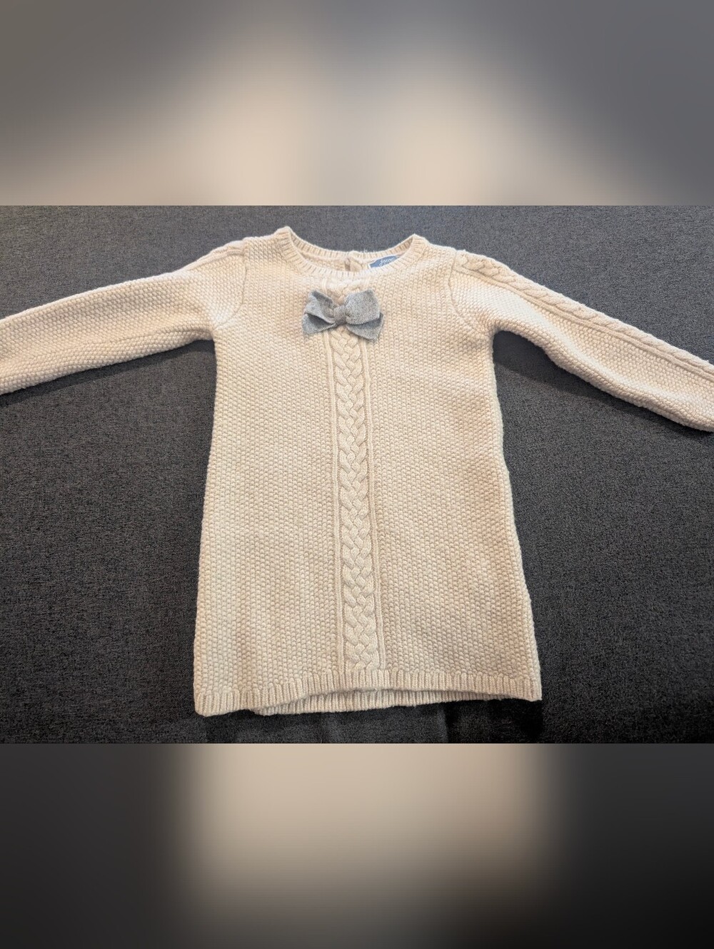 Jacadi Cream Cable-Knit Sweater Dress with Gray Bow